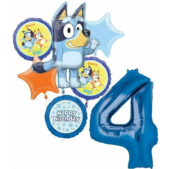 Anagram Bluey 4th Birthday Party Supplies Foil Balloon Bouquet Decorations