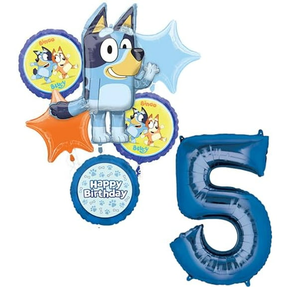 Anagram Bluey 5th Birthday Party Supplies Foil Balloon Bouquet Decorations