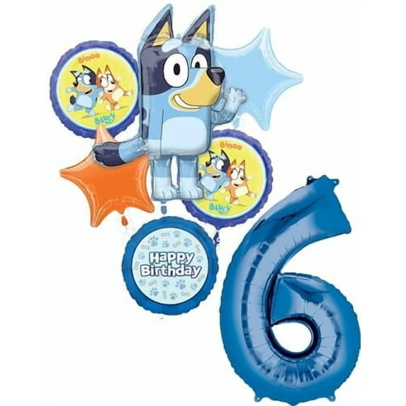 Anagram Bluey 6th Birthday Party Supplies Foil Balloon Bouquet Decorations