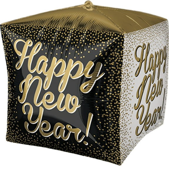 Anagram Happy New Year! Polka Dots Cubez 15" Foil Balloon, Gold Black White