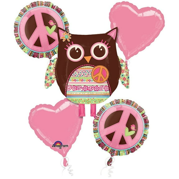 Anagram Hippie Chick Owl & Hearts Birthday Bouquet 5pc Balloon Pack, Pink Brown