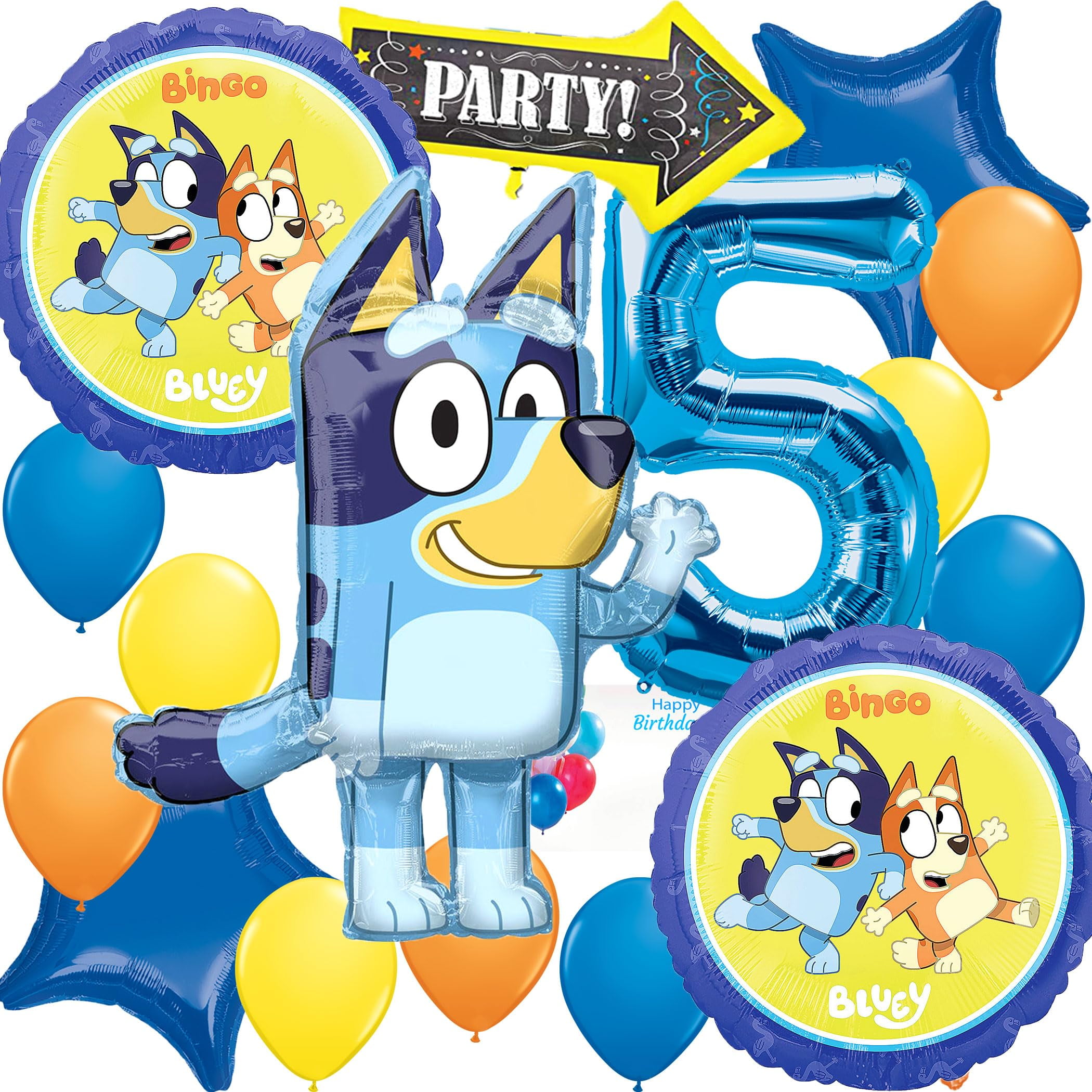 Anagram International, Inc. Blueys STF9Birthday Party Supplies Decorations Big Balloon Bundle with Character Mylar's, Star Mylar's, Big Number 5 and Latex Balloons (8 Items)