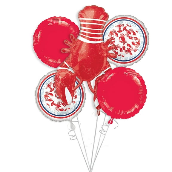 Anagram International Seafood and Summer Balloon Bouquet, 5 Pieces, with a Giant Red Lobster and Round Foil Balloons