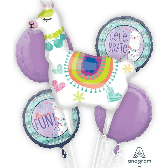 Anagram Llama Fun Celebrate Bouquet 5pc 18" Balloon Pack, Purple Blue