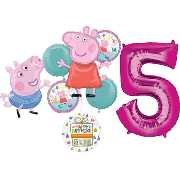 Anagram Peppa Pig and George 5th Birthday Party Supplies Foil Balloon Bouquet Decorations