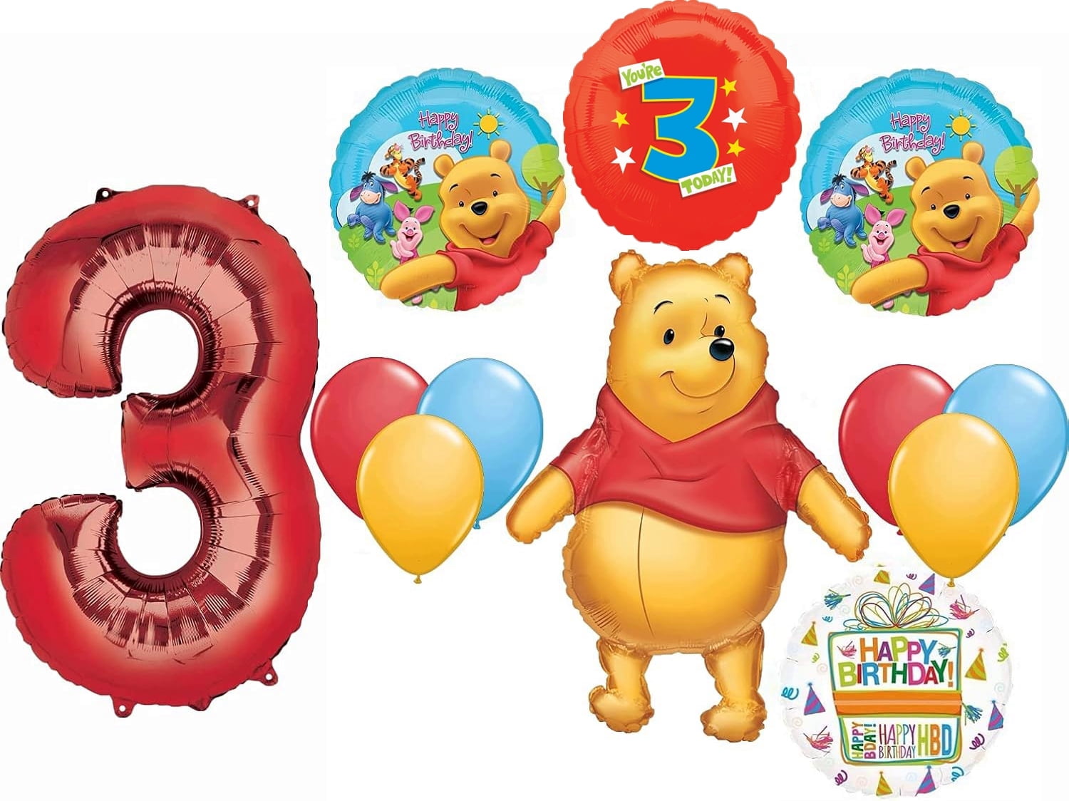 Anagram Pooh's 3rd Birthday Party Supplies 12pc Balloon Bouquet Decorations