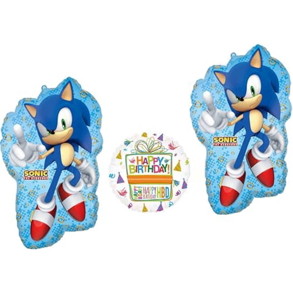 Anagram Sonic 30" Video Gamers Birthday Foil Balloons 2pcs and 18" Happy Birthday Present Party Supplies Bouquet Decorations