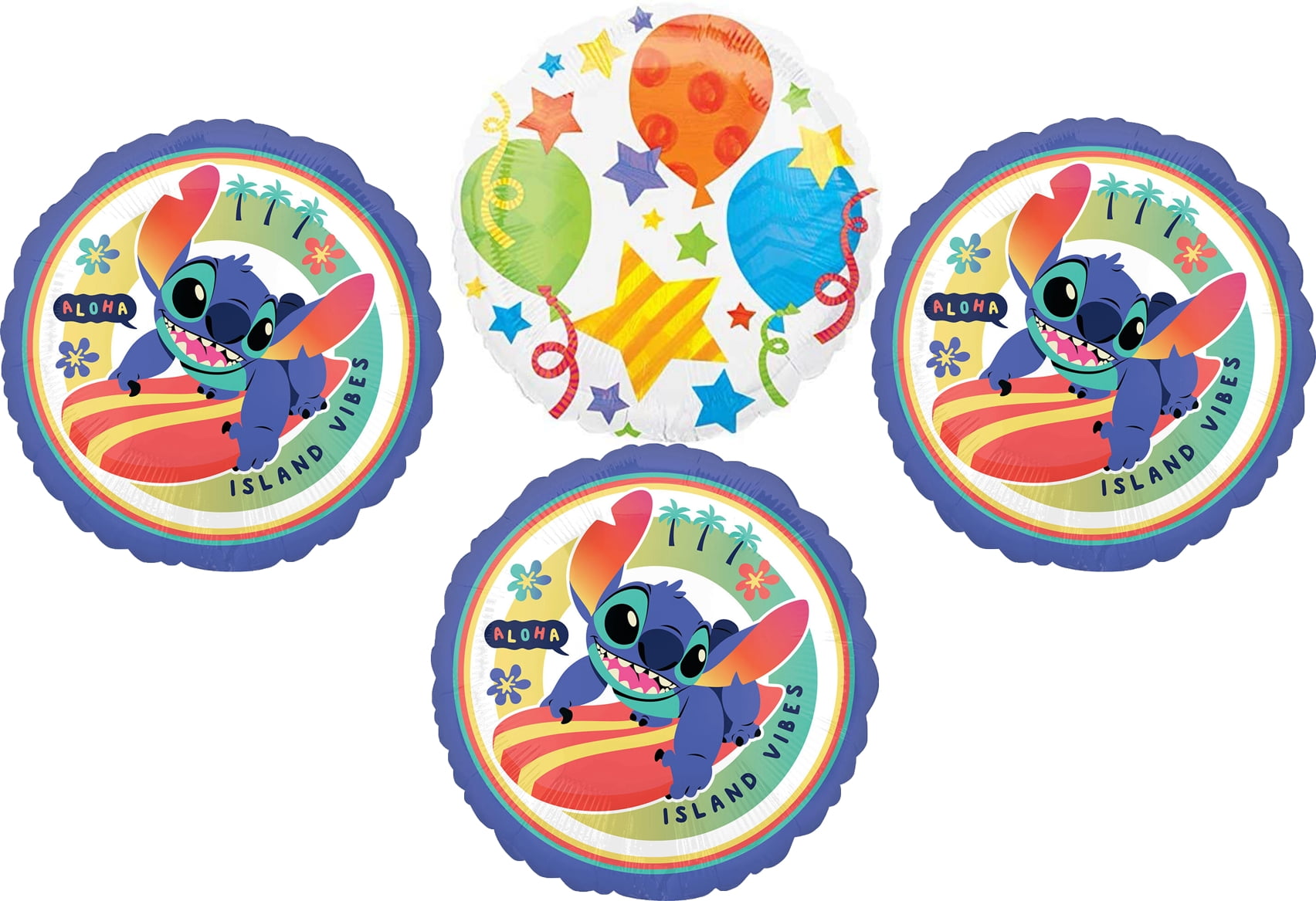 Stitch (3) 17" Birthday Party Foil Balloon Decorations and (1) 18" White Jubilee Mylar