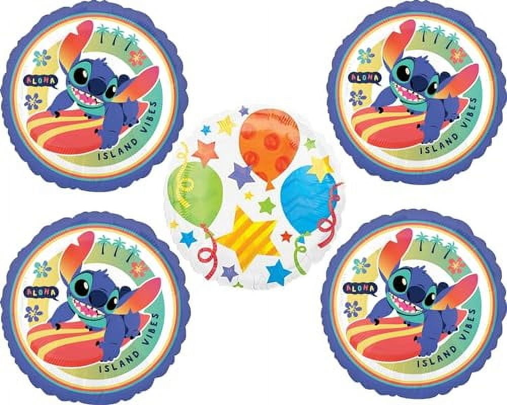 Anagram Stitch (4) 17" Birthday Party Foil Balloon Decorations and (1) 18" White Jubilee Foil