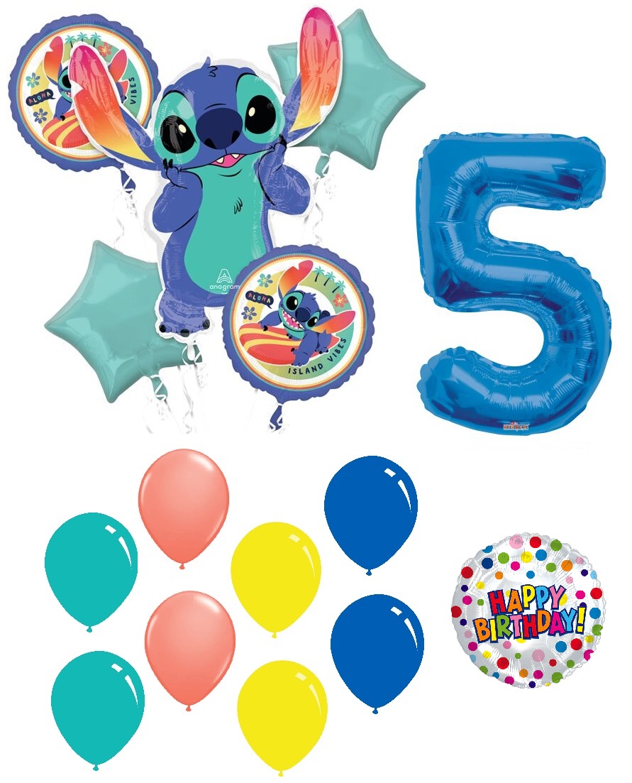 Anagram Stitch Tropical 15 Piece 5th Happy Birthday Party Foil Mylar Balloons Decoration Set