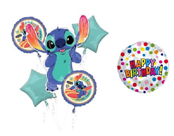Anagram Stitch Tropical 6 Piece Happy Birthday Party Foil Mylar Balloons Decoration Set