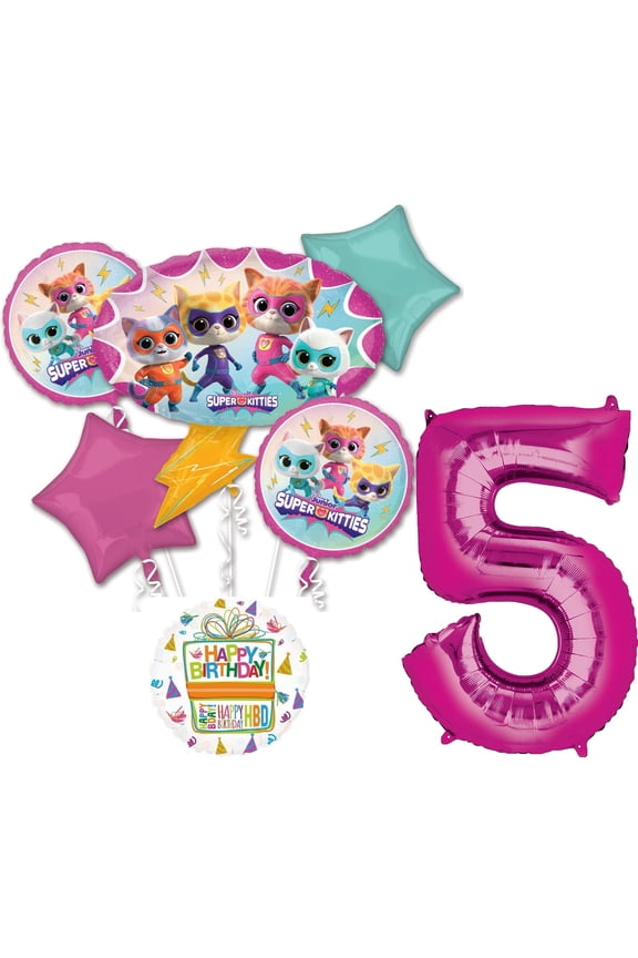 SuperKitties 5th Birthday Party Supplies 7pc Balloon Bouquet Decorations