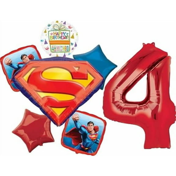Anagram Superman 4th Birthday Party Supplies 7pc Balloon Bouquet Decorations