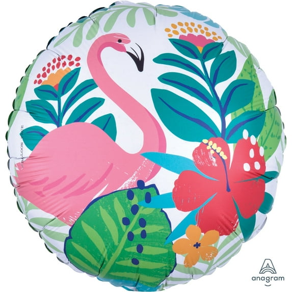 Anagram Tropical Jungle w Flamingo & Flowers Round Luau 18'' Jr Shape Foil Balloon