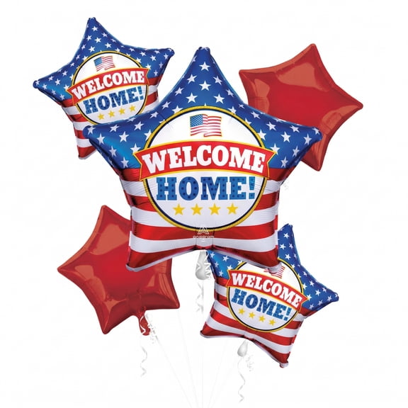 Anagram Welcome Home USA Balloon Bouquet - 5 Pc Patriotic Mylar Star Balloons