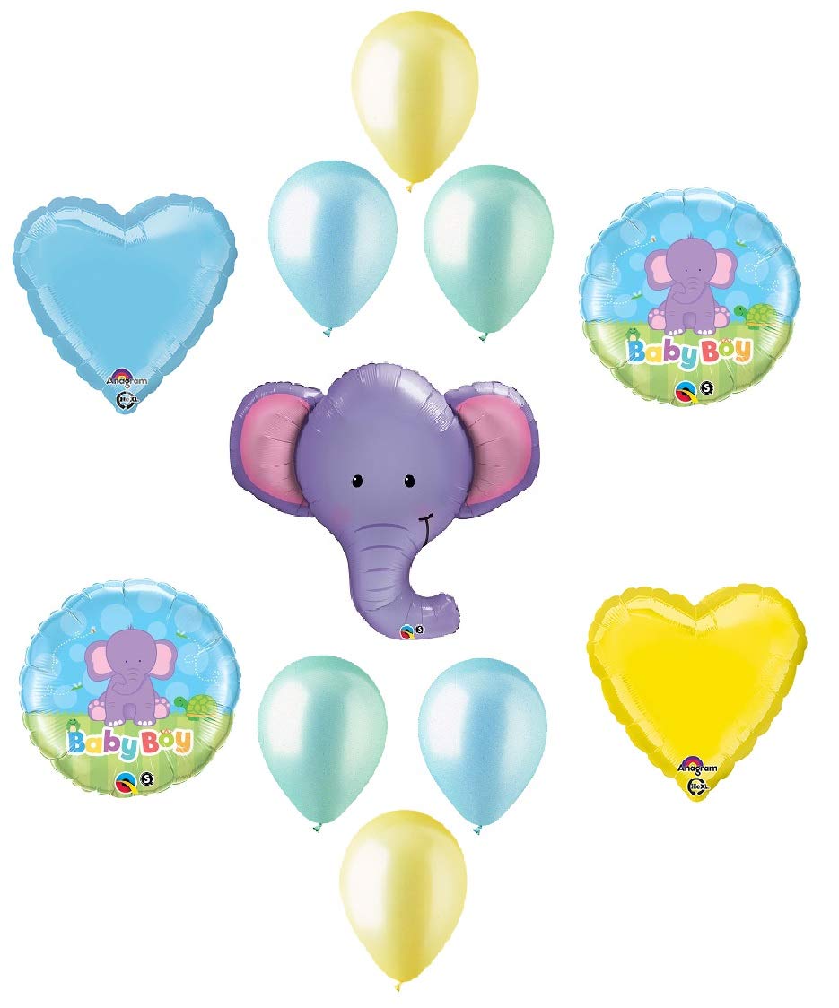 Anagram and Qualatex Elephant Ellie Jungle Safari Zoo Boy Baby Shower Party 11 Piece Mylar & Latex Balloons
