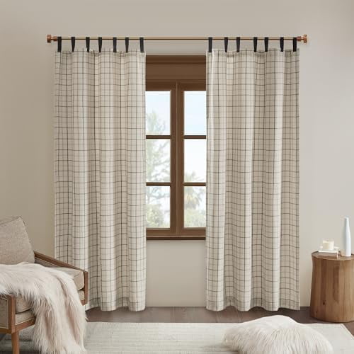 Anaheim Cabin Plaid Curtain Window, Thermal Insulated Fleece Lining, Living Room Decor Room Darkening Drape for Bedroom, 1-Single Panel Pack, 50x95 Faux Leather Tab, Natural
