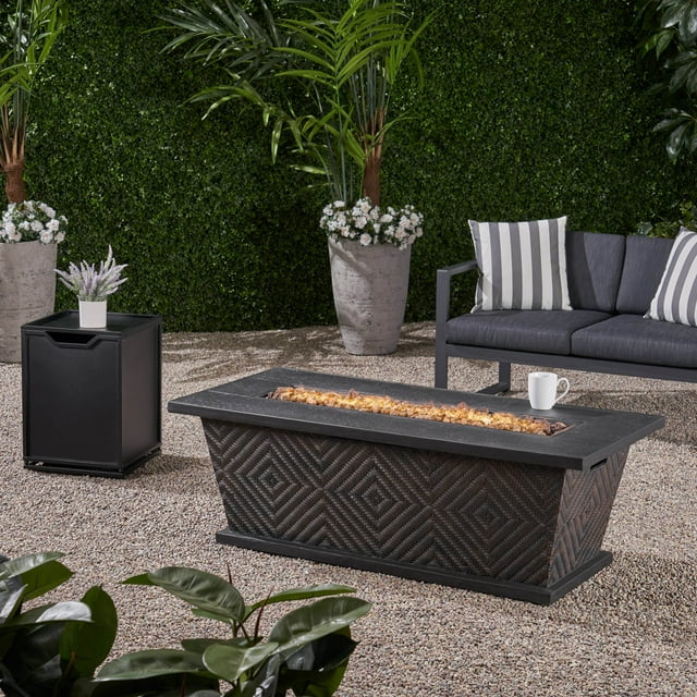 Anahi Outdoor 56 Inch Light Weight Concrete Rectangular Fire Pit, Brown, Black