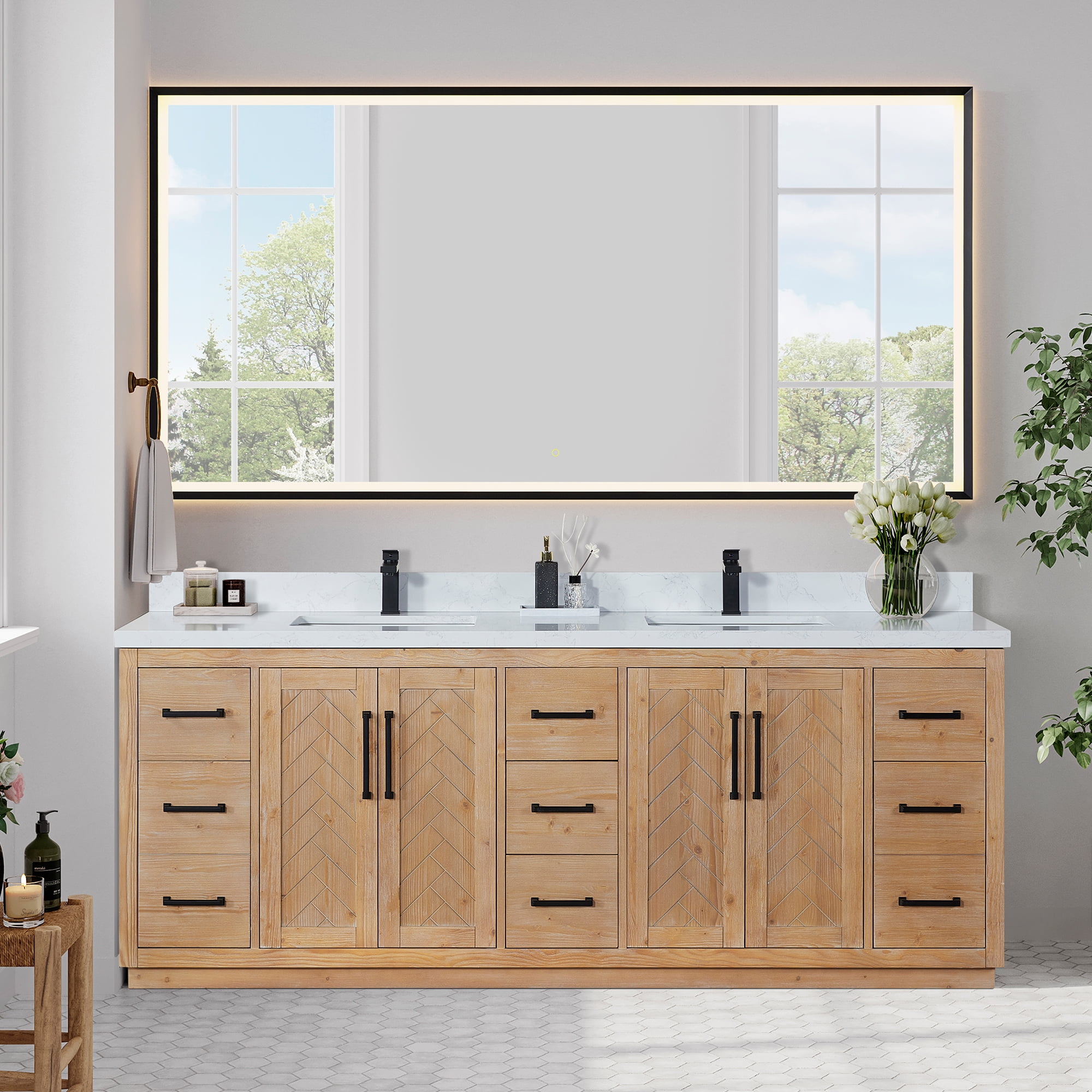 Anais 84" Light Brown Wood Vanity with White Stone Top and Mirror