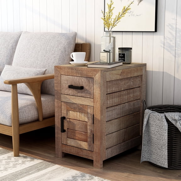 Anaisha 1-Drawer and 1-Door Solid Wood Side Table, Natural Tone