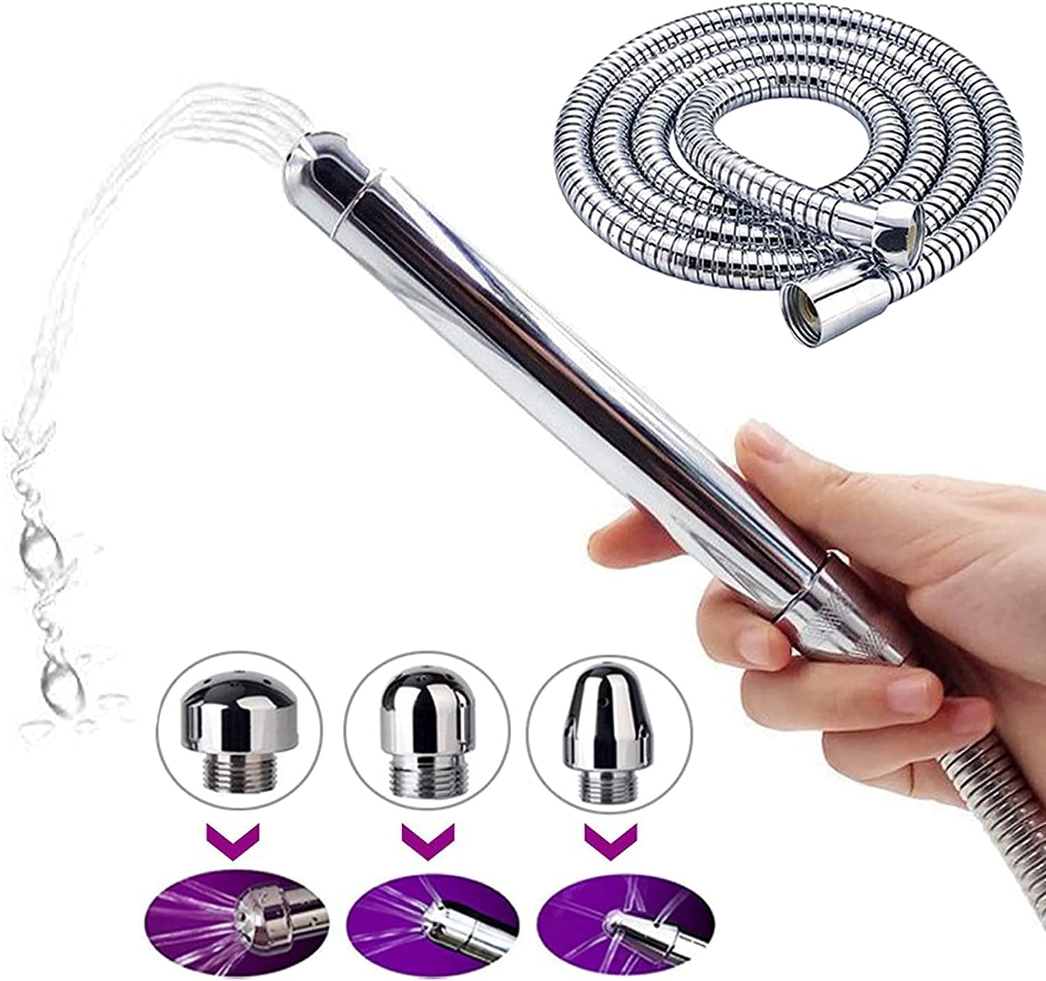3 Heads Aluminum Shower Cleaner, Cleansing Colonic Douche System with 59 Inch Stainless Steel Handheld Shower Hose and Velet Pouch(Silver)