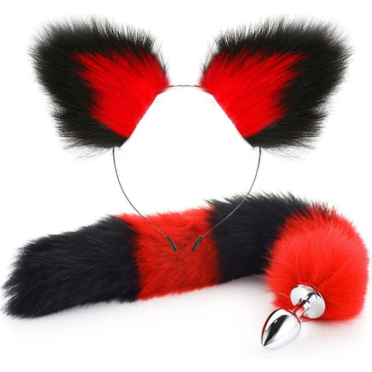 Anal Plug Toys, 2Pcs/Set Sex Fox Tail Butt Plugs with Cat Ears Headband Sex  Toys for Women Man, Black/red 