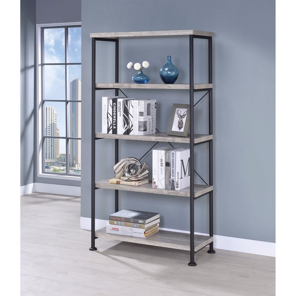 Analiese Gray Driftwood and Black 4-Shelf Bookcase