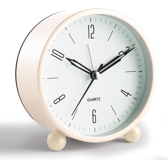 Analog , 4 inch Super Silent Non Ticking Small Clock with Night Light, Battery Operated, Simple Design, Old Fashioned Style Cream Decor, for Bedroom, Bedside, Desk, Adult, Kid, Gift, White