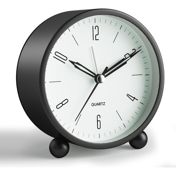 Analog Alarm Clock, 4 inch Super Silent Non Ticking Small Clock with Night Light, Battery Operated, Simple Design, Old Fashioned Style Black Decor, for Bedroom, Bedside, Desk, Adult, Kid, Gift, Black