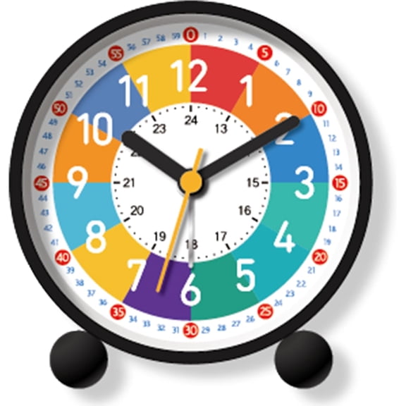 Analog Alarm Clock for Kids: Telling Time Teaching Clock Learning Clock with Colorful Dial, Silent Wall Clock to Teach Kids How to Tell Time, Battery Operated Alarm Clock with Back-Light (Black)