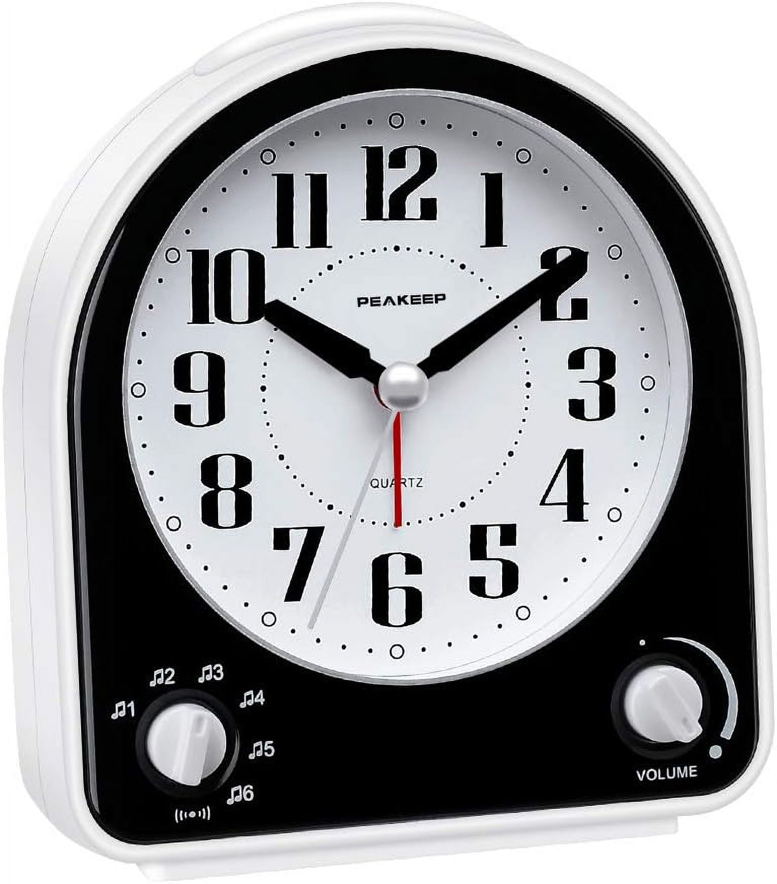 Analog Alarm Clock Non-Ticking Silent Optional 7 Wake-up Sounds with Volume Control Nightlight and Snooze AA Battery Operated (Black)