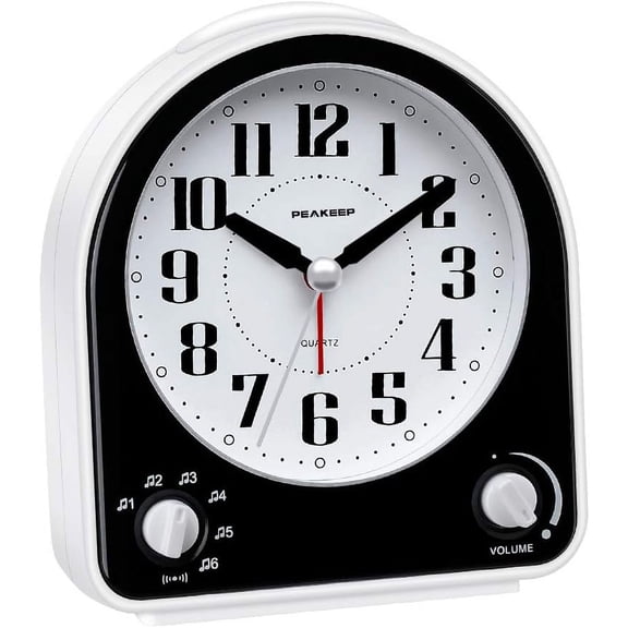 Analog Alarm Clock Non-Ticking Silent, Optional 7 Wake-up Sounds with Volume Control, Nightlight and Snooze, AA Battery Operated (Black)
