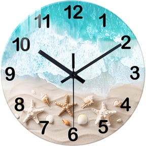 Analog Blue Beach Wall Clock for Living Room Coastal Shell Wall Clock Battery Powered 12 Inch Modern Round Wood Wall Clock No Tick