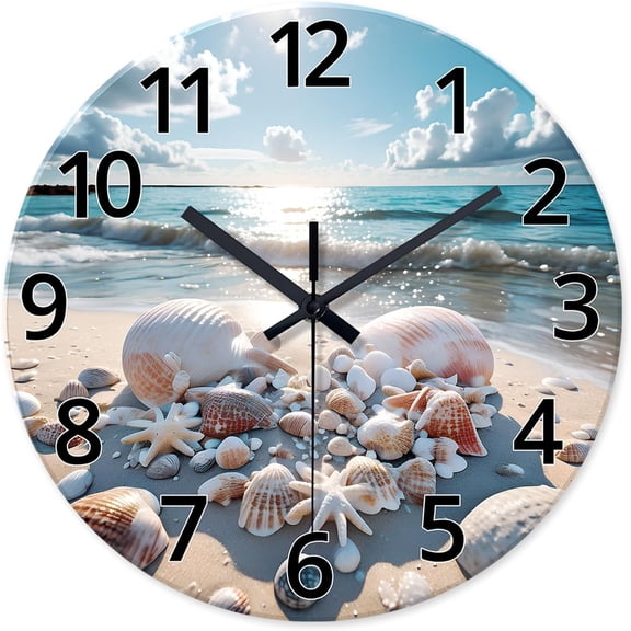 Analog Blue Beach Wall Clocks for Living Room Coastal Sea Shell Wall Clocks Battery Operated 12 Inch Modern Round Glass Wall Clock Non Ticking