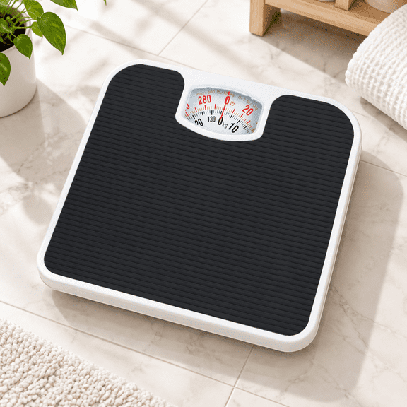 Analog Body Weight Scale, 300 Lb Capacity, Anti-Skid Rubber Surface, Black