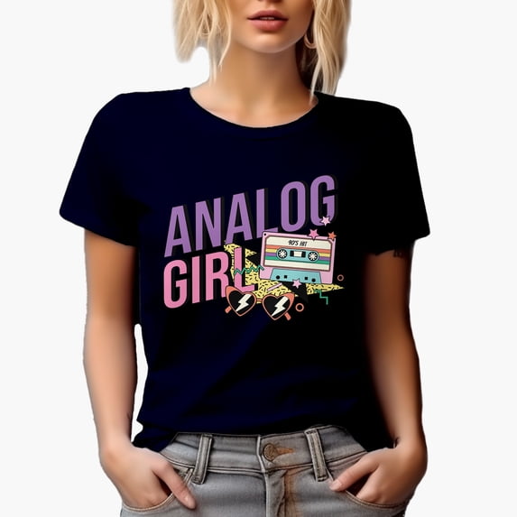 Analog Girl, Retro 90s Hit Cassette Tape or Millennial Art Merch Gift, Navy Blue T-Shirt, Small