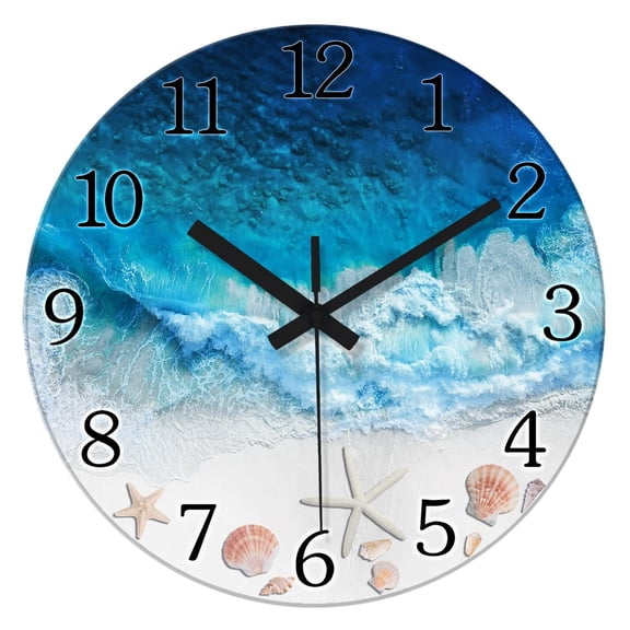 Analog Glass Blue Beach Wall Clocks Battery Operated 12 Inch | Round Sea Shell Wall Clocks for Living Room Bathroom Bedroom Kitchen Office Coastal Modern Wall Clock Non Ticking