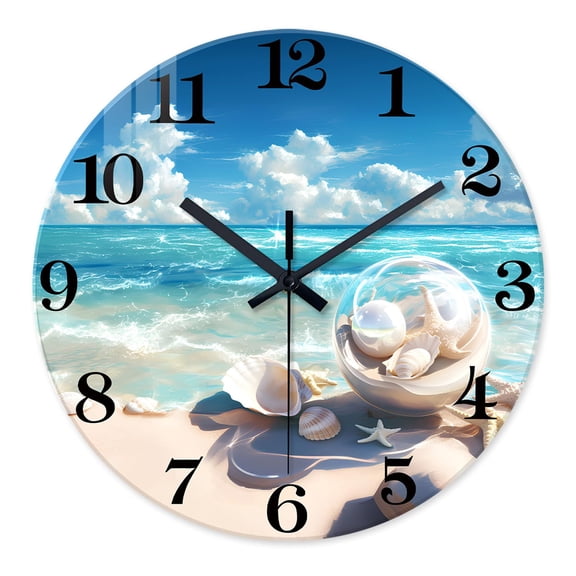 Analog Glass Blue Beach Wall Clocks Battery Operated 12 Inch | Round Sea Shell Wall Clocks for Living Room Bathroom Bedroom Kitchen Office Coastal Modern Wall Clock Non Ticking