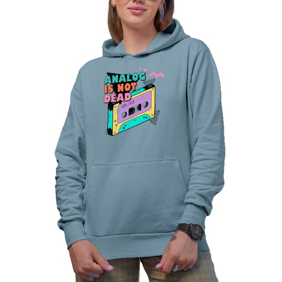 Analog Is Not Dead, 90s Hits with Retro Cassette Tape Art Merch Gift, Light Blue Hooded Sweatshirt or Hoodie, 3XL