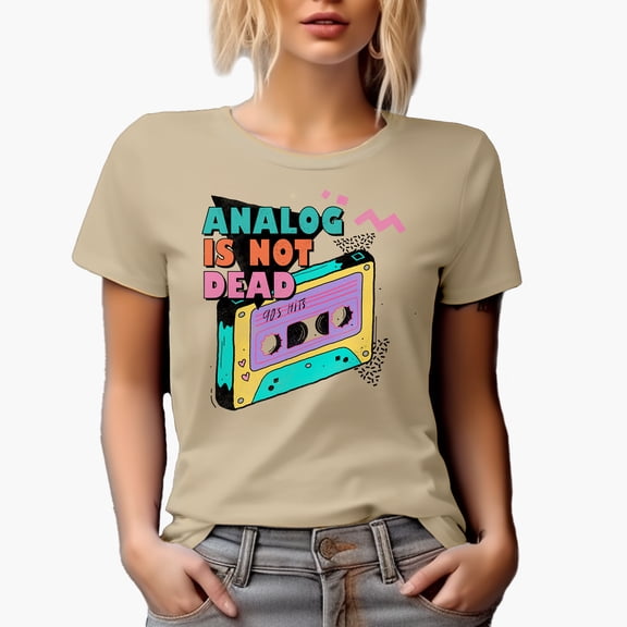 Analog Is Not Dead, 90s Hits with Retro Cassette Tape Art Merch Gift, Tan T-Shirt, Small