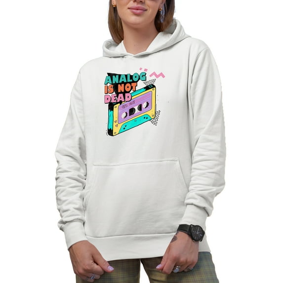 Analog Is Not Dead, 90s Hits with Retro Cassette Tape Art Merch Gift, White Hooded Sweatshirt or Hoodie, 3XL