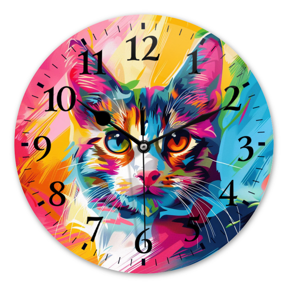 Analog Round Wall Clocks Non-Ticking Silent Battery Operated Clocks Decorative for Living Room,Office,Bedroom-Vibrant And Colorful Painting Of Adorable Cat(10inch)