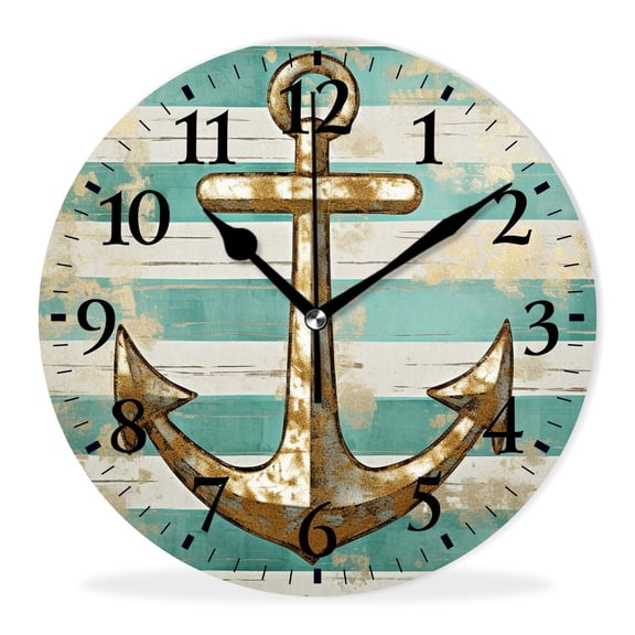 Analog Wall Clock Non-Ticking Sweep Movement Wall Clocks Battery Operated Decor Clocks for Bedroom-Gold Anchor Dots Stripes Printed Lovely(10inch)