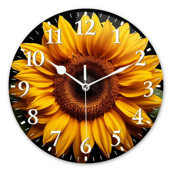 Analog Wall Clock Silent Non-Ticking Clocks Battery Operated Decor Clock for Living Room,Office,Kitchen-Beautiful Sunflower Against Black Background, Viewed From Above(14inch)