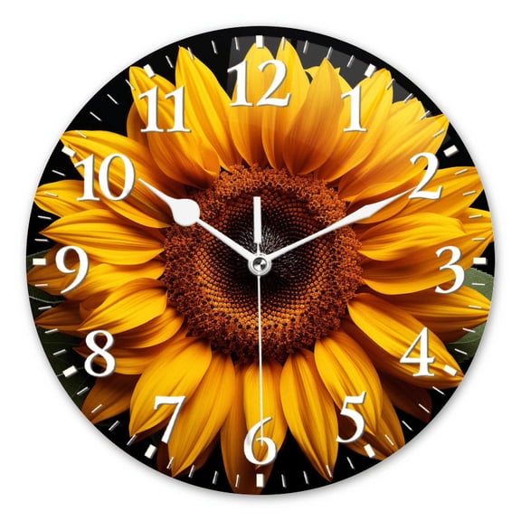 Analog Wall Clock Silent Non-Ticking Clocks Battery Operated Decor Clock for Living Room,Office,Kitchen-Beautiful Sunflower Against Black Background, Viewed From Above(10inch)