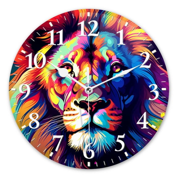 Analog Wall Clock Silent Non-Ticking Clocks Battery Operated Decor Clock for Living Room,Office,Kitchen-Colorful Lion Face Portrait Vector Illustration Art(14inch)