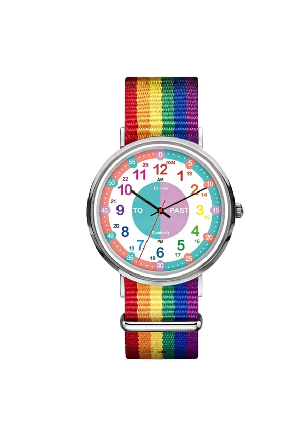 Analog Watch with Rainbow Strap, Easy Time Reading with Color-Coded Hour Numbers