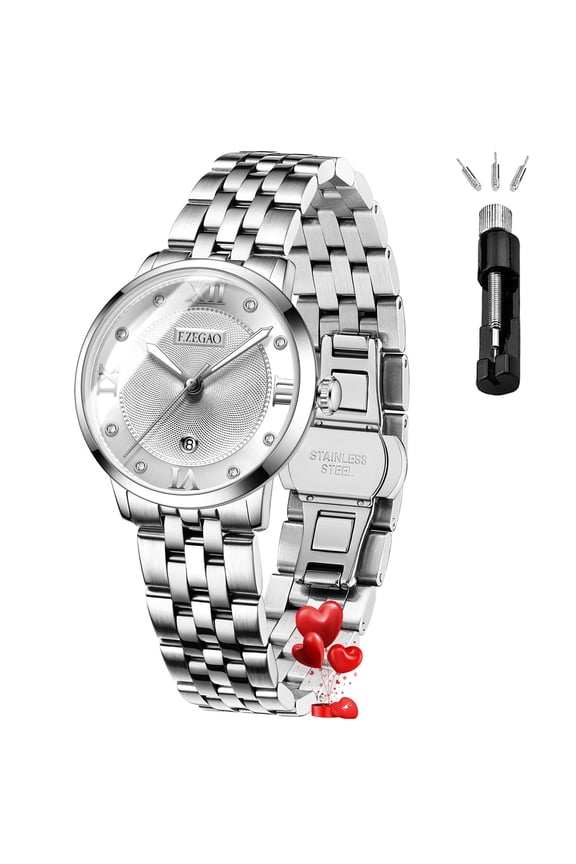 Analog Watches for Women, Diamond Luxury Women Dress Watches, Waterproof Date Display Royal Silver
