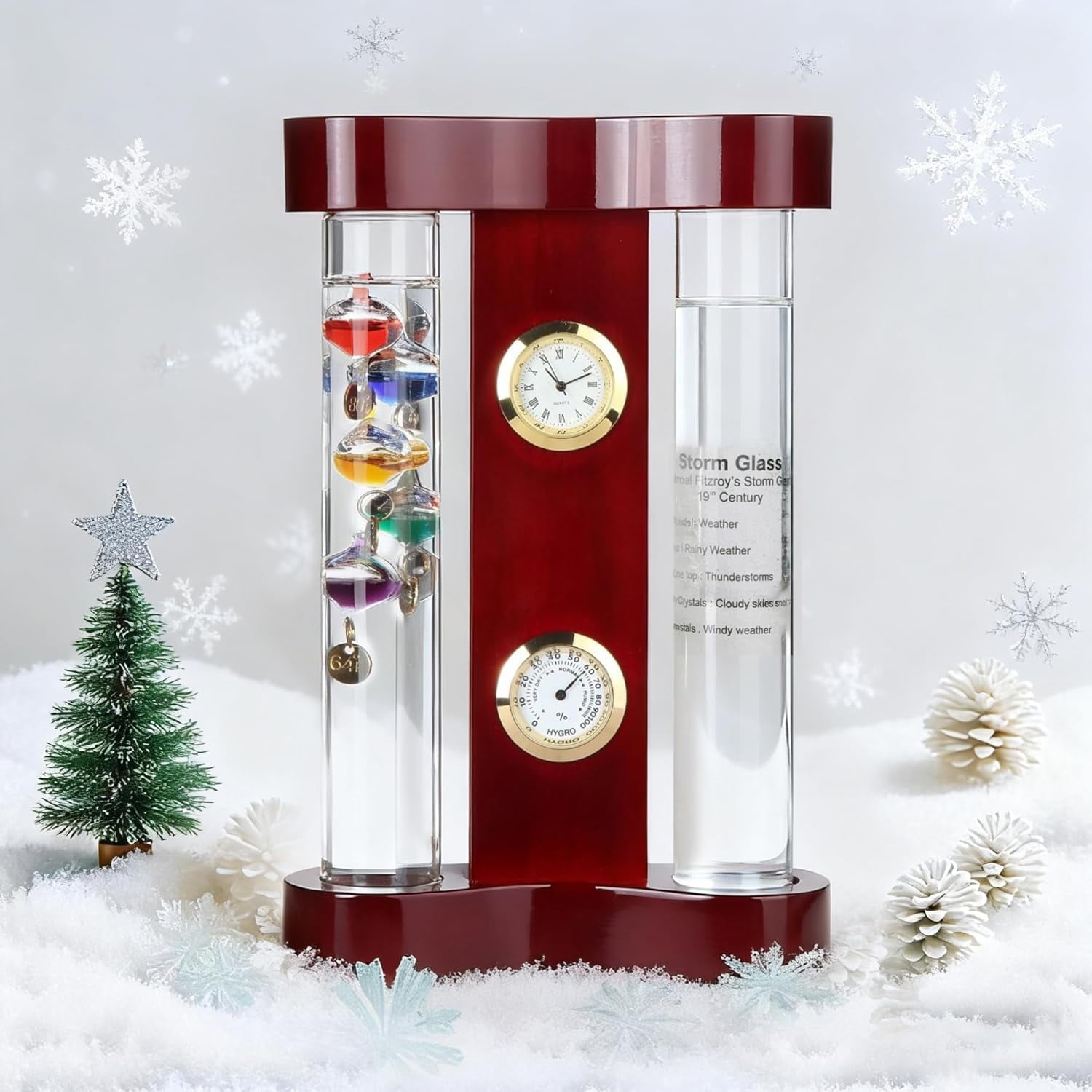 Analog Weather Station with Galileo Thermometer, Precision Quartz Clock & Hygrometer, Fitzroy Storm Glass, Gift for Friends and Family, Holiday Gift, Indoor & Outdoor Décor (7” x 4.4”)