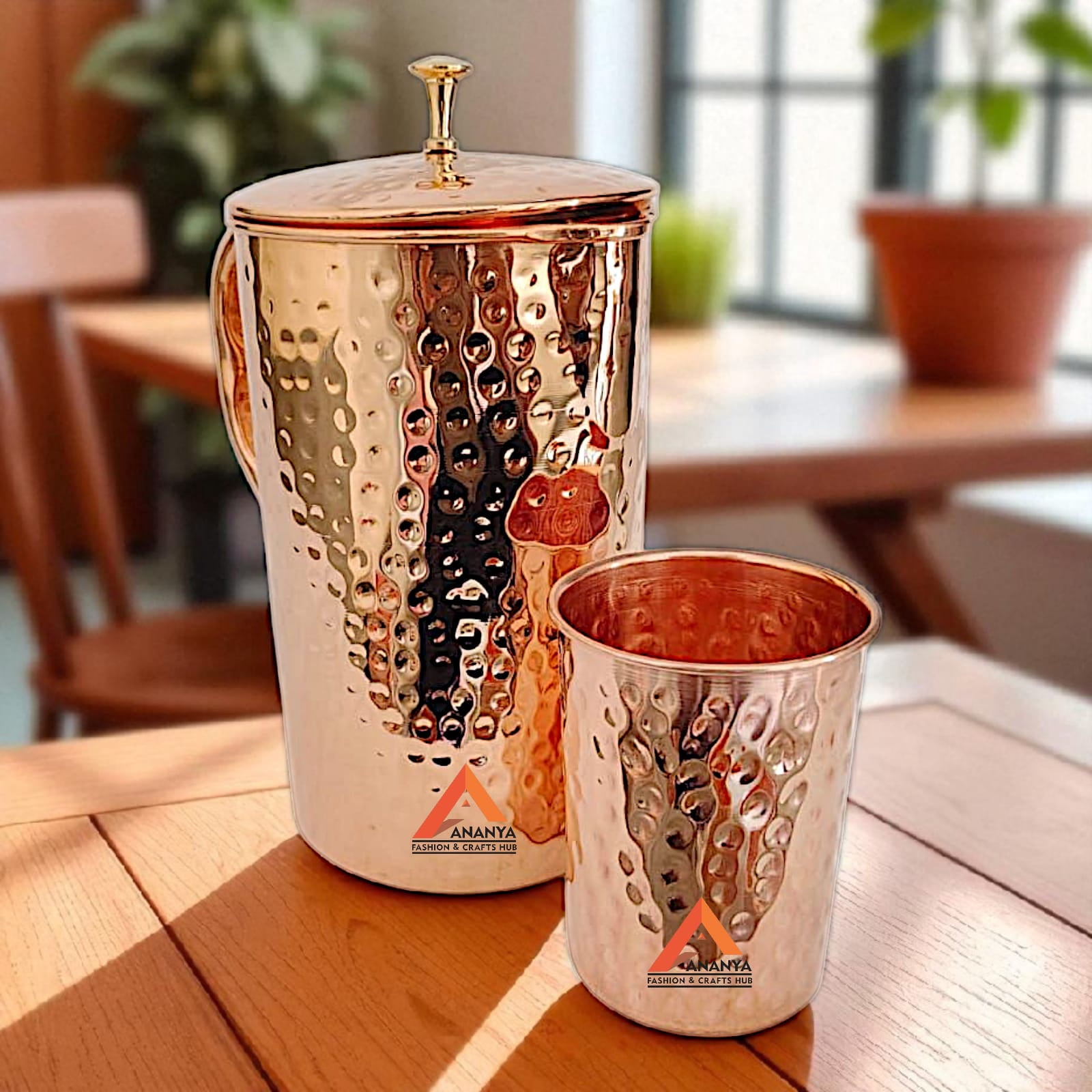 Ananya Fashion and Crafts Hub Pure Copper Water Jug with Brass Knob Top 1.5 Litre (1500 ml) + 1 Tumbler (300 ml) Hammered Ayurveda Health Benefits Pitcher Set of 2